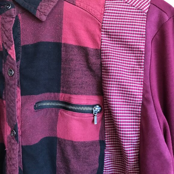 Upcycled Patchwork Flannel Shirt, Size M: Mixed Print Button-Down Magenta Blouse - Picture 4 of 11